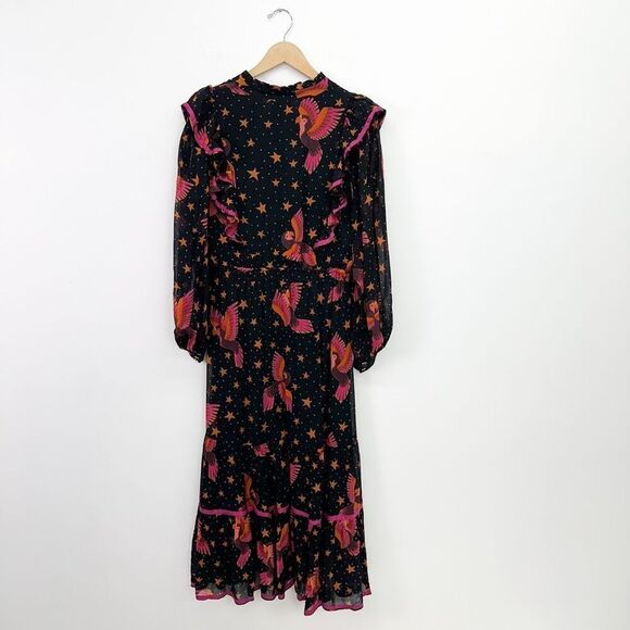 Farm Rio Women’s Black Pink Macaw Bird Orange Stars 3D Star Buttons Midi Dress - Picture 3 of 13